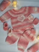 Handmade Crochet Baby Girl Set - Sweater, Trousers, Cap, Mittens and Booties (Pink & White)
