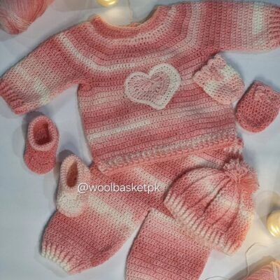 Handmade Crochet Baby Girl Set - Sweater, Trousers, Cap, Mittens and Booties (Pink & White)