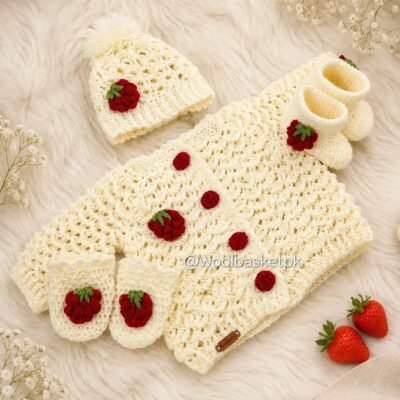 Handmade Crochet Strawberry Baby Set – Cardigan, Beanie, Booties & Mittens