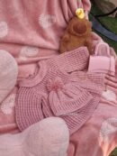 Handmade Crochet Baby Frock & Beanie Set – Dusty Rose Pink