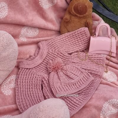 Handmade Crochet Baby Frock & Beanie Set – Dusty Rose Pink