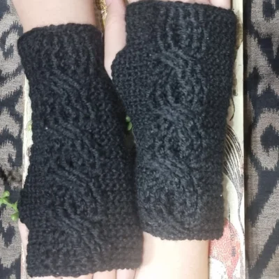 Crochet Cabled Fingerless Mittens – Handmade Wrist Warmers - Black