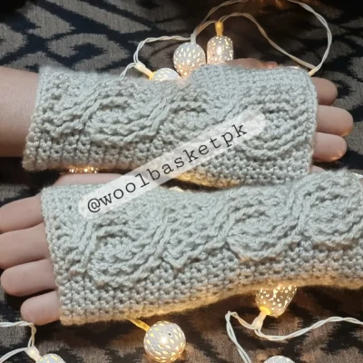 Crochet Cabled Fingerless Mittens – Handmade Wrist Warmers - Beige