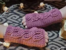 Crochet Cabled Fingerless Mittens – Handmade Wrist Warmers - Dusty Rose