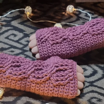 Crochet Cabled Fingerless Mittens – Handmade Wrist Warmers - Dusty Rose