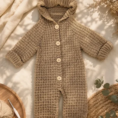 Handmade Crochet Hooded Baby Romper – Beige