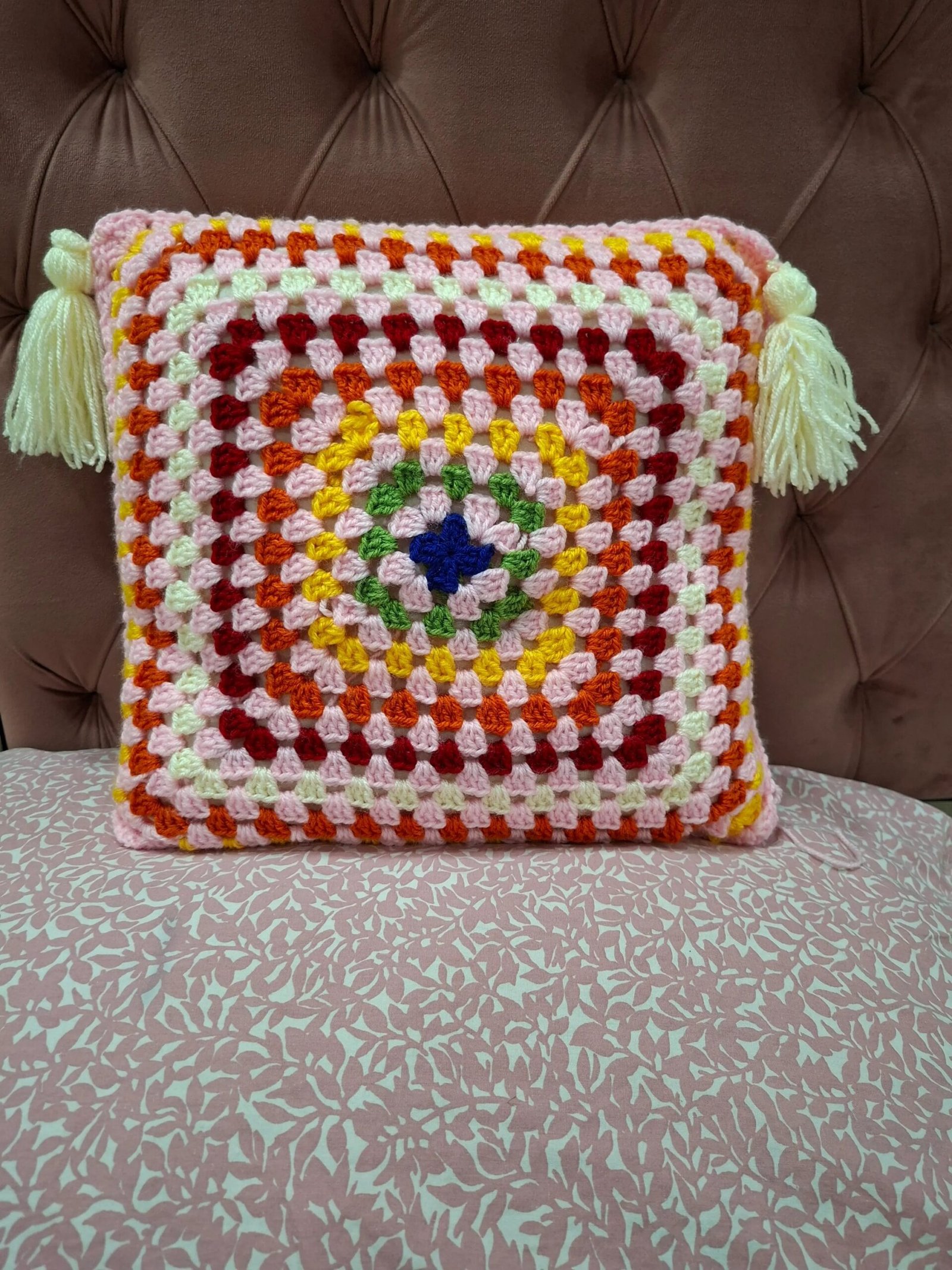 Handmade Granny Square Crochet Cushion Cover with Tassels
