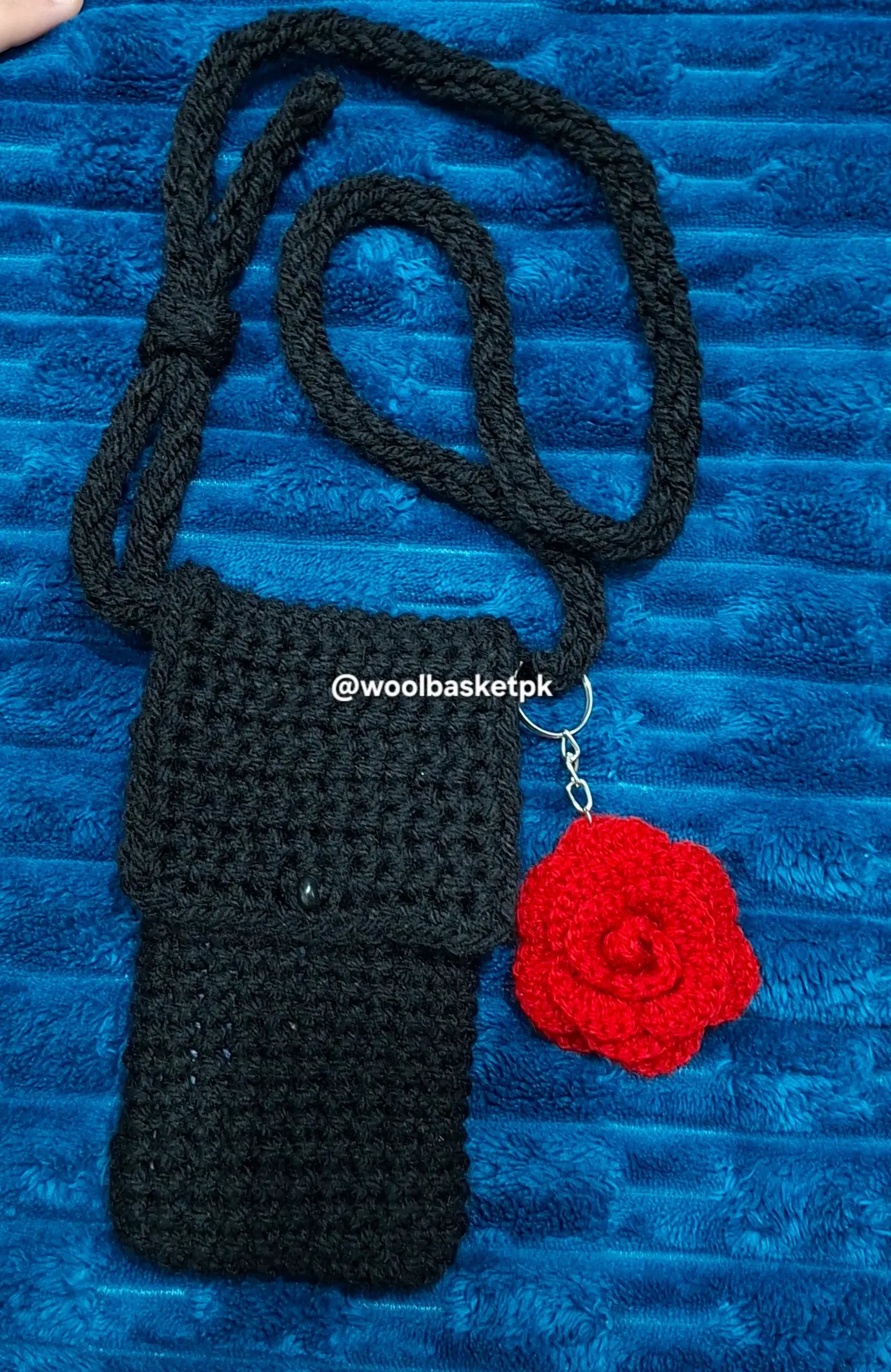Crochet Crossbody Phone Pouch with Rose Charm – Black & Red | Wool Basket - Image 2