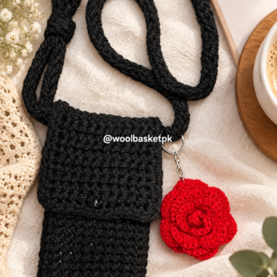 Crochet Crossbody Phone Pouch with Rose Charm – Black & Red | Wool Basket