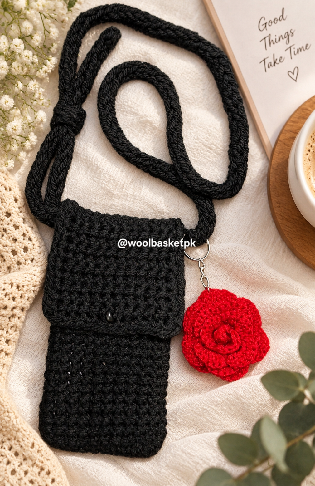Crochet Crossbody Phone Pouch with Rose Charm – Black & Red | Wool Basket