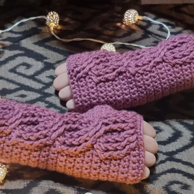 Crochet Cabled Fingerless Mittens – Handmade Wrist Warmers - Dusty Rose